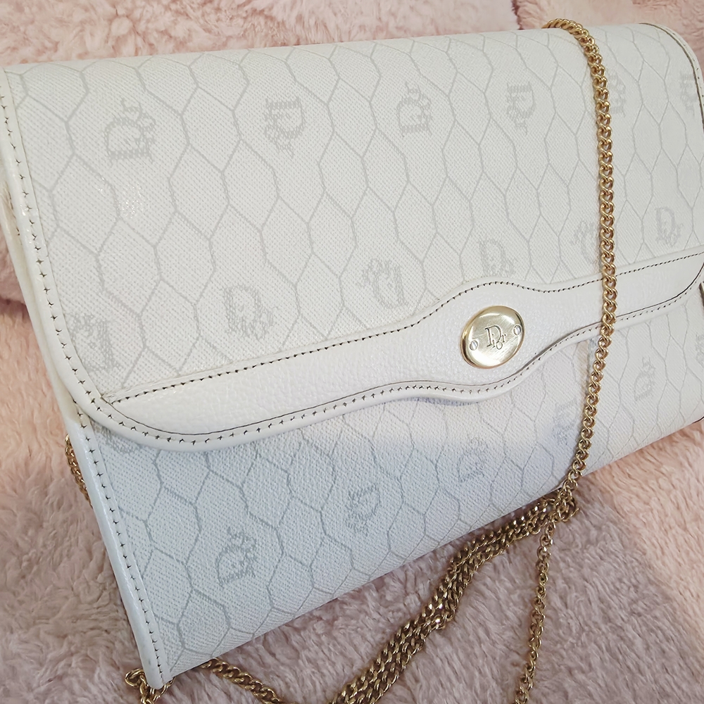 Used Vintage Dior Honey Comb White Crossbody Bag with Gold Accents